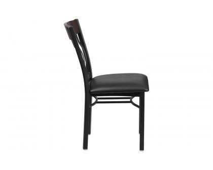 BLNK Eclipse Series Black Metal Vertical Back and Wood Restaurant Chair with Black Vinyl Seat - Walnut