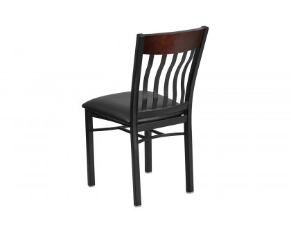 BLNK Eclipse Series Black Metal Vertical Back and Wood Restaurant Chair with Black Vinyl Seat - Walnut