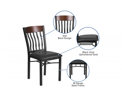 BLNK Eclipse Series Black Metal Vertical Back and Wood Restaurant Chair with Black Vinyl Seat - Walnut