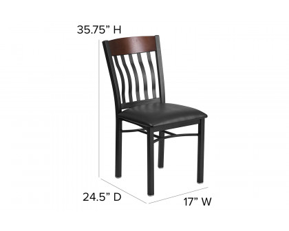 BLNK Eclipse Series Black Metal Vertical Back and Wood Restaurant Chair with Black Vinyl Seat - Walnut