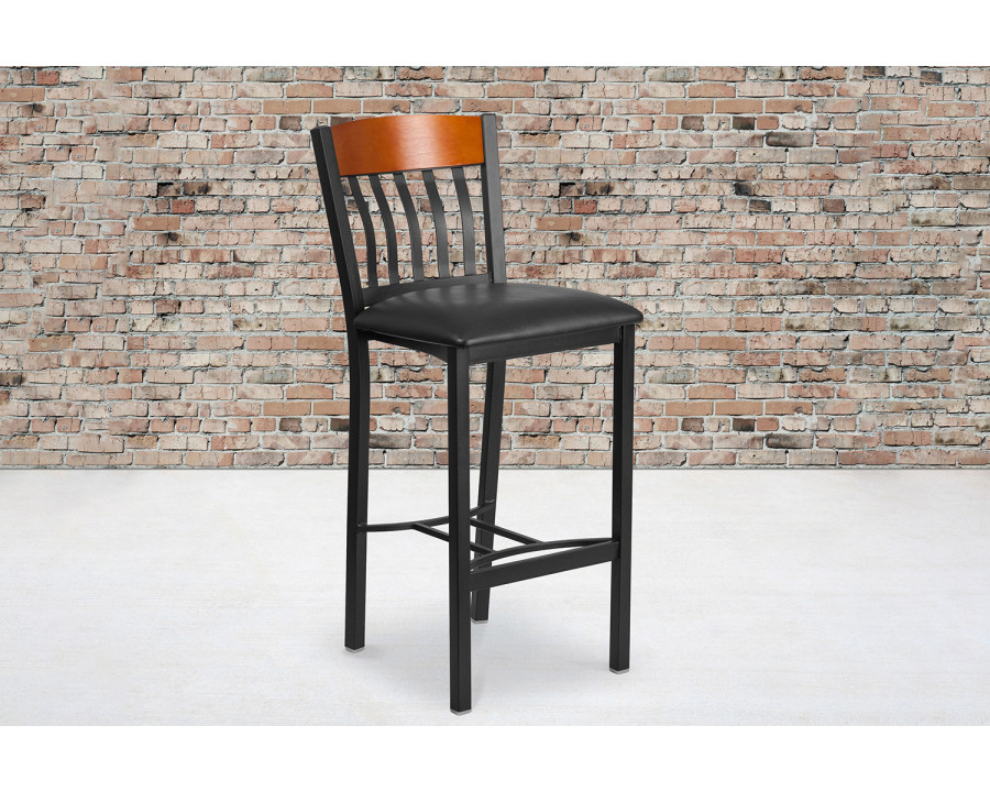 BLNK Eclipse Series Vertical Back Black and Cherry Wood Restaurant Bar Stool with Black Vinyl Seat