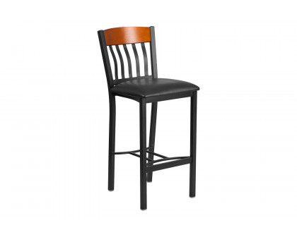 BLNK Eclipse Series Vertical Back Black and Cherry Wood Restaurant Bar Stool with Black Vinyl Seat