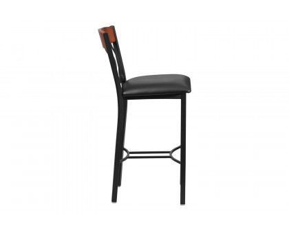 BLNK Eclipse Series Vertical Back Black and Cherry Wood Restaurant Bar Stool with Black Vinyl Seat