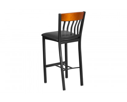 BLNK Eclipse Series Vertical Back Black and Cherry Wood Restaurant Bar Stool with Black Vinyl Seat