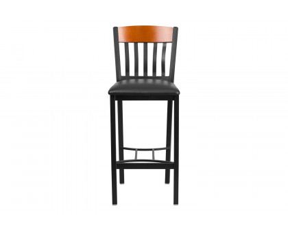 BLNK Eclipse Series Vertical Back Black and Cherry Wood Restaurant Bar Stool with Black Vinyl Seat