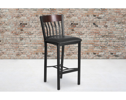 BLNK Eclipse Series Vertical Back Black and Cherry Wood Restaurant Bar Stool with Black Vinyl Seat