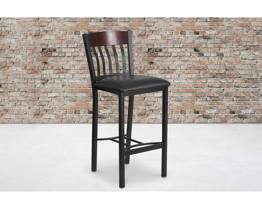 BLNK Eclipse Series Vertical Back Black and Walnut Wood Restaurant Bar Stool with Black Vinyl Seat