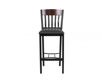 BLNK Eclipse Series Vertical Back Black and Walnut Wood Restaurant Bar Stool with Black Vinyl Seat