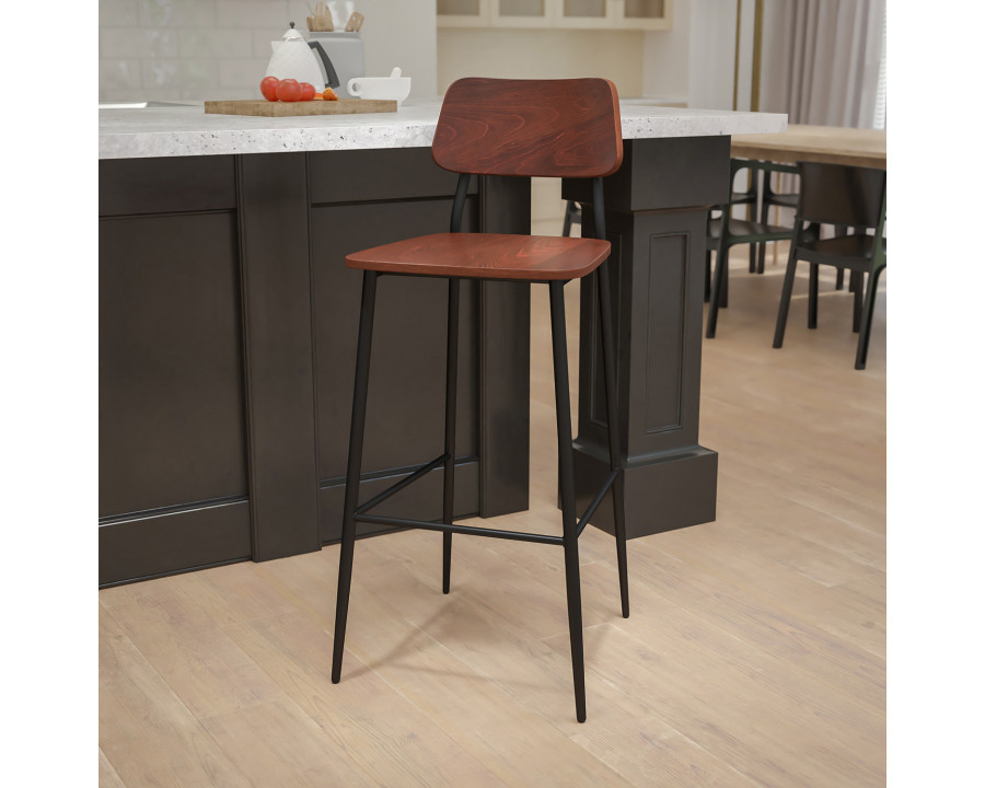 BLNK - Lincoln Collection Industrial Bar Stool with Gunmetal Steel Frame and Rustic Wood Seat