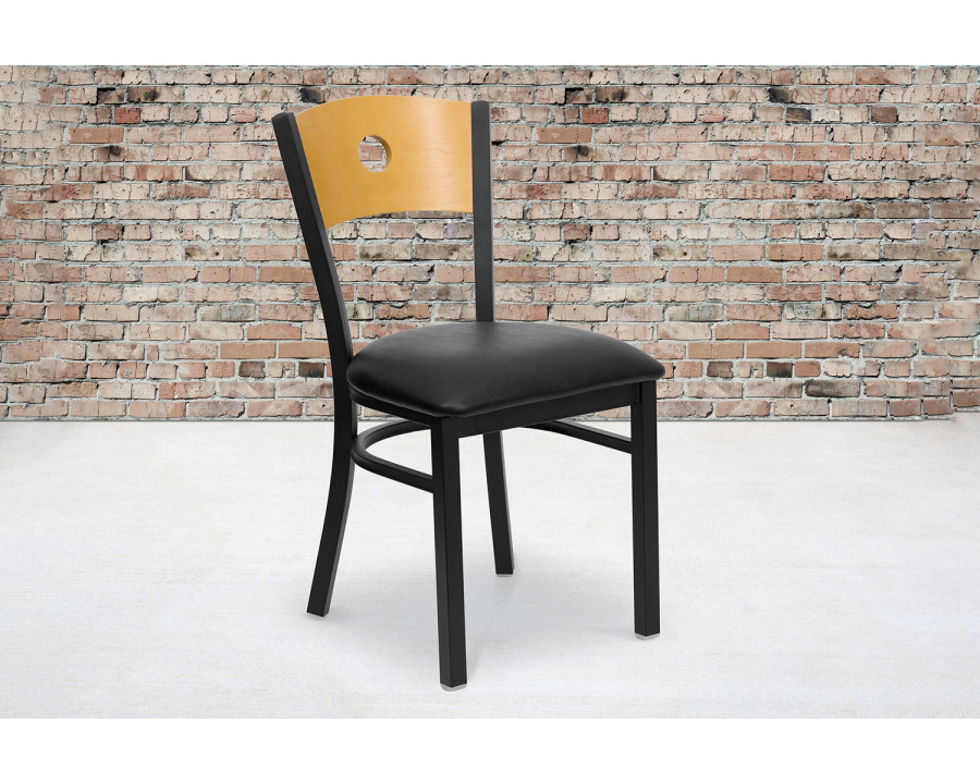 BLNK HERCULES Series Black Metal Circle Back Restaurant Chair with Natural Wood Back and Vinyl Seat