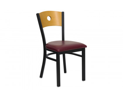 BLNK HERCULES Series Black Metal Circle Back Restaurant Chair with Natural Wood Back and Vinyl Seat - Burgundy