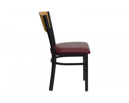 BLNK HERCULES Series Black Metal Circle Back Restaurant Chair with Natural Wood Back and Vinyl Seat - Burgundy