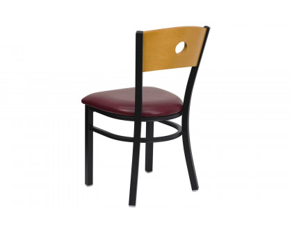 BLNK HERCULES Series Black Metal Circle Back Restaurant Chair with Natural Wood Back and Vinyl Seat - Burgundy