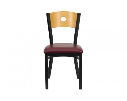 BLNK HERCULES Series Black Metal Circle Back Restaurant Chair with Natural Wood Back and Vinyl Seat - Burgundy