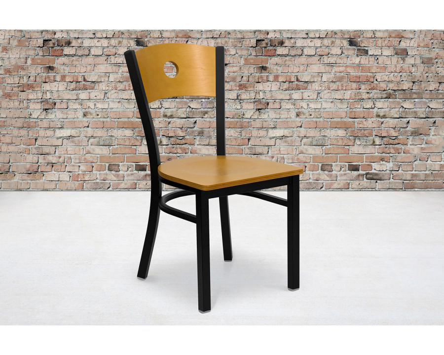 BLNK - HERCULES Series Black Metal Circle Back Restaurant Chair with Natural Wood Back and Seat