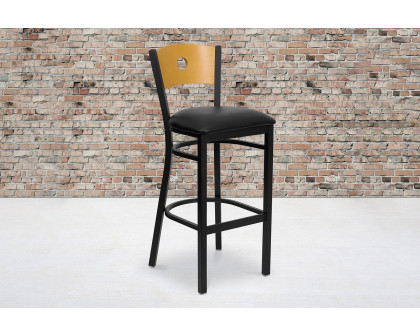 BLNK HERCULES Series Black Metal Circle Back Restaurant Bar Stool with Natural Wood Back and Vinyl Seat