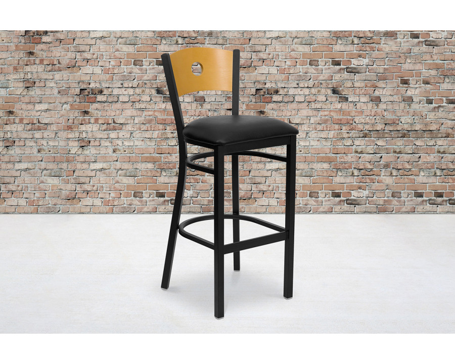 BLNK HERCULES Series Black Metal Circle Back Restaurant Bar Stool with Natural Wood Back and Vinyl Seat - Black