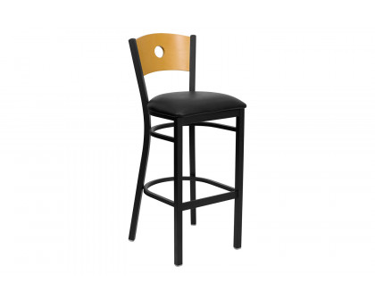 BLNK HERCULES Series Black Metal Circle Back Restaurant Bar Stool with Natural Wood Back and Vinyl Seat - Black