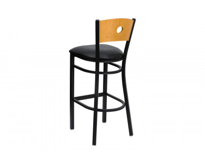 BLNK HERCULES Series Black Metal Circle Back Restaurant Bar Stool with Natural Wood Back and Vinyl Seat - Black