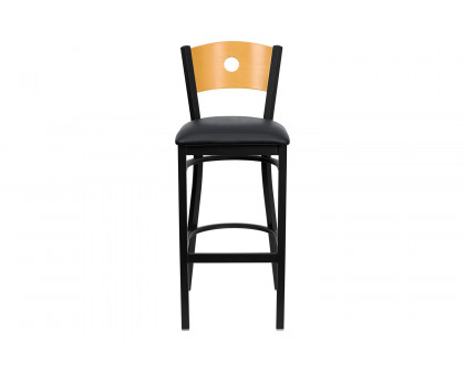 BLNK HERCULES Series Black Metal Circle Back Restaurant Bar Stool with Natural Wood Back and Vinyl Seat - Black