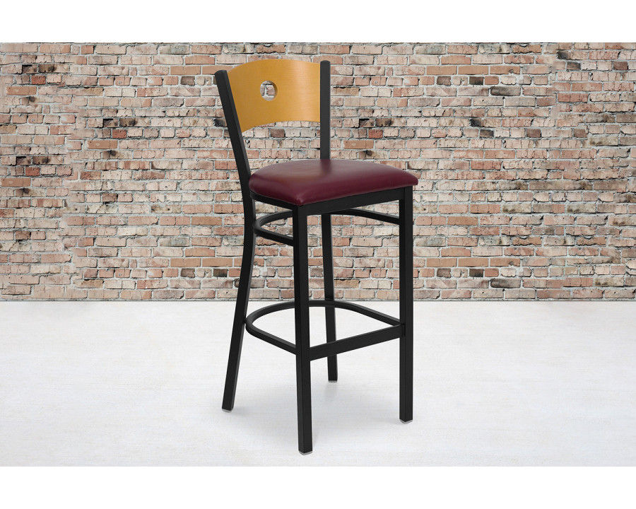 BLNK HERCULES Series Black Metal Circle Back Restaurant Bar Stool with Natural Wood Back and Vinyl Seat