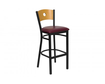 BLNK HERCULES Series Black Metal Circle Back Restaurant Bar Stool with Natural Wood Back and Vinyl Seat