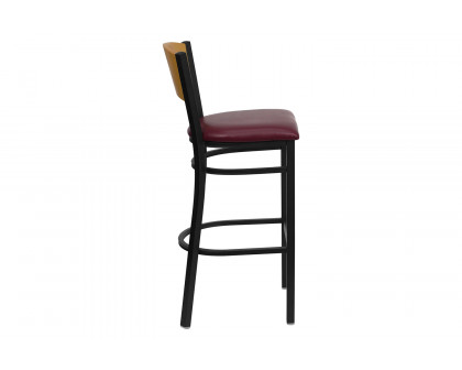 BLNK HERCULES Series Black Metal Circle Back Restaurant Bar Stool with Natural Wood Back and Vinyl Seat - Burgundy