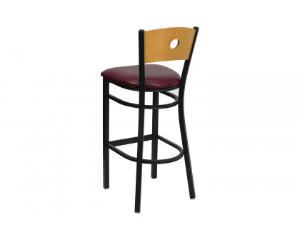 BLNK HERCULES Series Black Metal Circle Back Restaurant Bar Stool with Natural Wood Back and Vinyl Seat - Burgundy