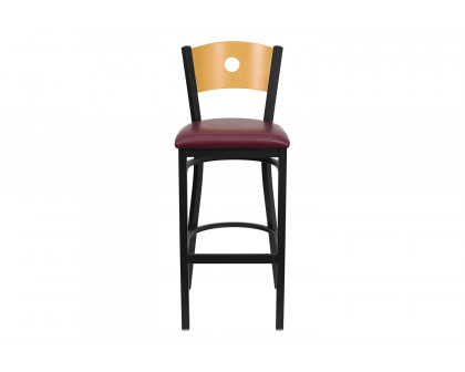 BLNK HERCULES Series Black Metal Circle Back Restaurant Bar Stool with Natural Wood Back and Vinyl Seat - Burgundy