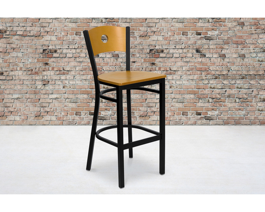 BLNK - HERCULES Series Black Metal Circle Back Restaurant Bar Stool with Natural Wood Back and Seat