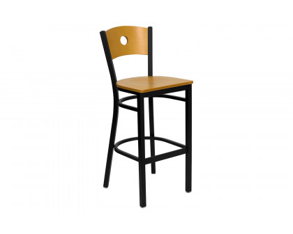 BLNK - HERCULES Series Black Metal Circle Back Restaurant Bar Stool with Natural Wood Back and Seat