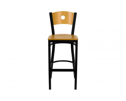 BLNK - HERCULES Series Black Metal Circle Back Restaurant Bar Stool with Natural Wood Back and Seat