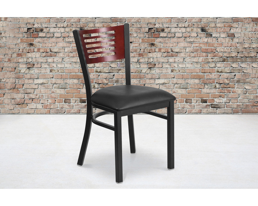 BLNK HERCULES Series Black Metal Slat Back Restaurant Chair with Mahogany Wood Back and Vinyl Seat