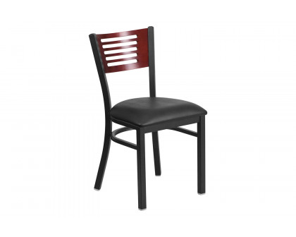 BLNK HERCULES Series Black Metal Slat Back Restaurant Chair with Mahogany Wood Back and Vinyl Seat