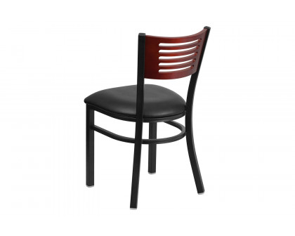 BLNK HERCULES Series Black Metal Slat Back Restaurant Chair with Mahogany Wood Back and Vinyl Seat - Black