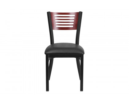 BLNK HERCULES Series Black Metal Slat Back Restaurant Chair with Mahogany Wood Back and Vinyl Seat - Black