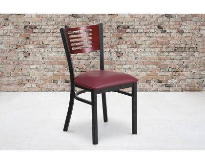 BLNK HERCULES Series Black Metal Slat Back Restaurant Chair with Mahogany Wood Back and Vinyl Seat