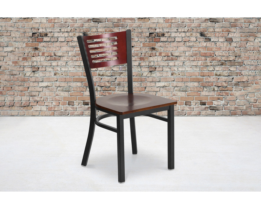 BLNK HERCULES Series Black Metal Slat Back Restaurant Chair with Wood Back and Seat