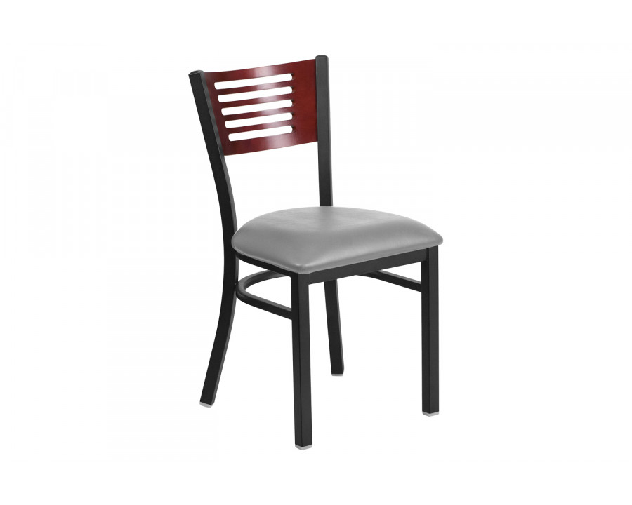 BLNK HERCULES Series Black Metal Slat Back Restaurant Chair with Wood Back and Custom Upholstered Seat - Mahogany