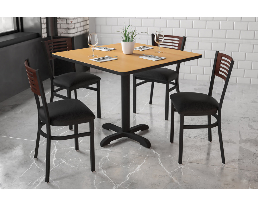 BLNK HERCULES Series Black Metal Slat Back Restaurant Chair with Walnut Wood Back and Vinyl Seat - Black