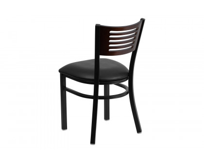 BLNK HERCULES Series Black Metal Slat Back Restaurant Chair with Walnut Wood Back and Vinyl Seat - Black