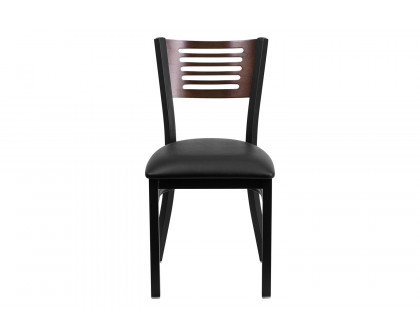 BLNK HERCULES Series Black Metal Slat Back Restaurant Chair with Walnut Wood Back and Vinyl Seat - Black