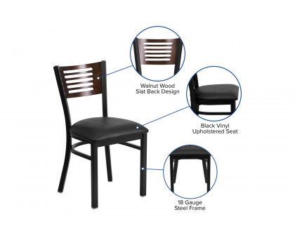 BLNK HERCULES Series Black Metal Slat Back Restaurant Chair with Walnut Wood Back and Vinyl Seat - Black