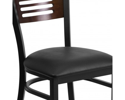 BLNK HERCULES Series Black Metal Slat Back Restaurant Chair with Walnut Wood Back and Vinyl Seat - Black