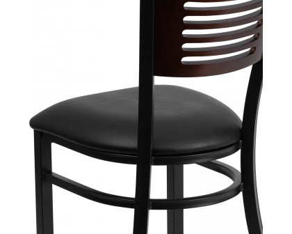 BLNK HERCULES Series Black Metal Slat Back Restaurant Chair with Walnut Wood Back and Vinyl Seat - Black