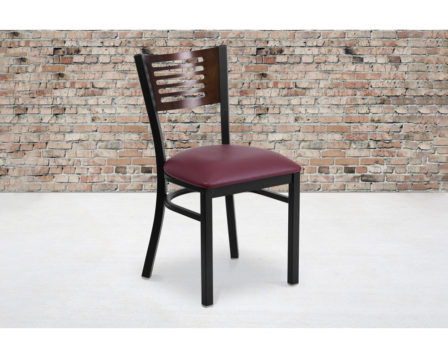 BLNK HERCULES Series Black Metal Slat Back Restaurant Chair with Walnut Wood Back and Vinyl Seat