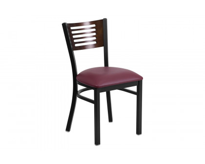 BLNK HERCULES Series Black Metal Slat Back Restaurant Chair with Walnut Wood Back and Vinyl Seat