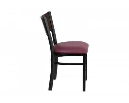 BLNK HERCULES Series Black Metal Slat Back Restaurant Chair with Walnut Wood Back and Vinyl Seat - Burgundy