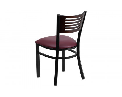 BLNK HERCULES Series Black Metal Slat Back Restaurant Chair with Walnut Wood Back and Vinyl Seat - Burgundy