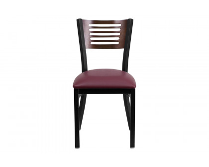 BLNK HERCULES Series Black Metal Slat Back Restaurant Chair with Walnut Wood Back and Vinyl Seat - Burgundy